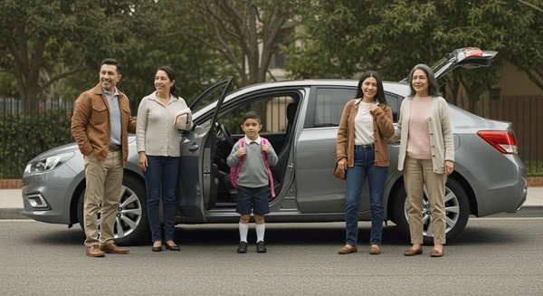 A family hugging in front of a safe crossover vehicle